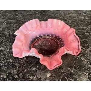 Vintage Fenton Opalescent Pink Hobnail Bon Bon Ruffled Edge Bowl Candy Dish 6.5”